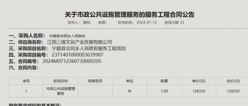 宁都县会同乡人民政府服务工程项目合同公告 · 128,350 元