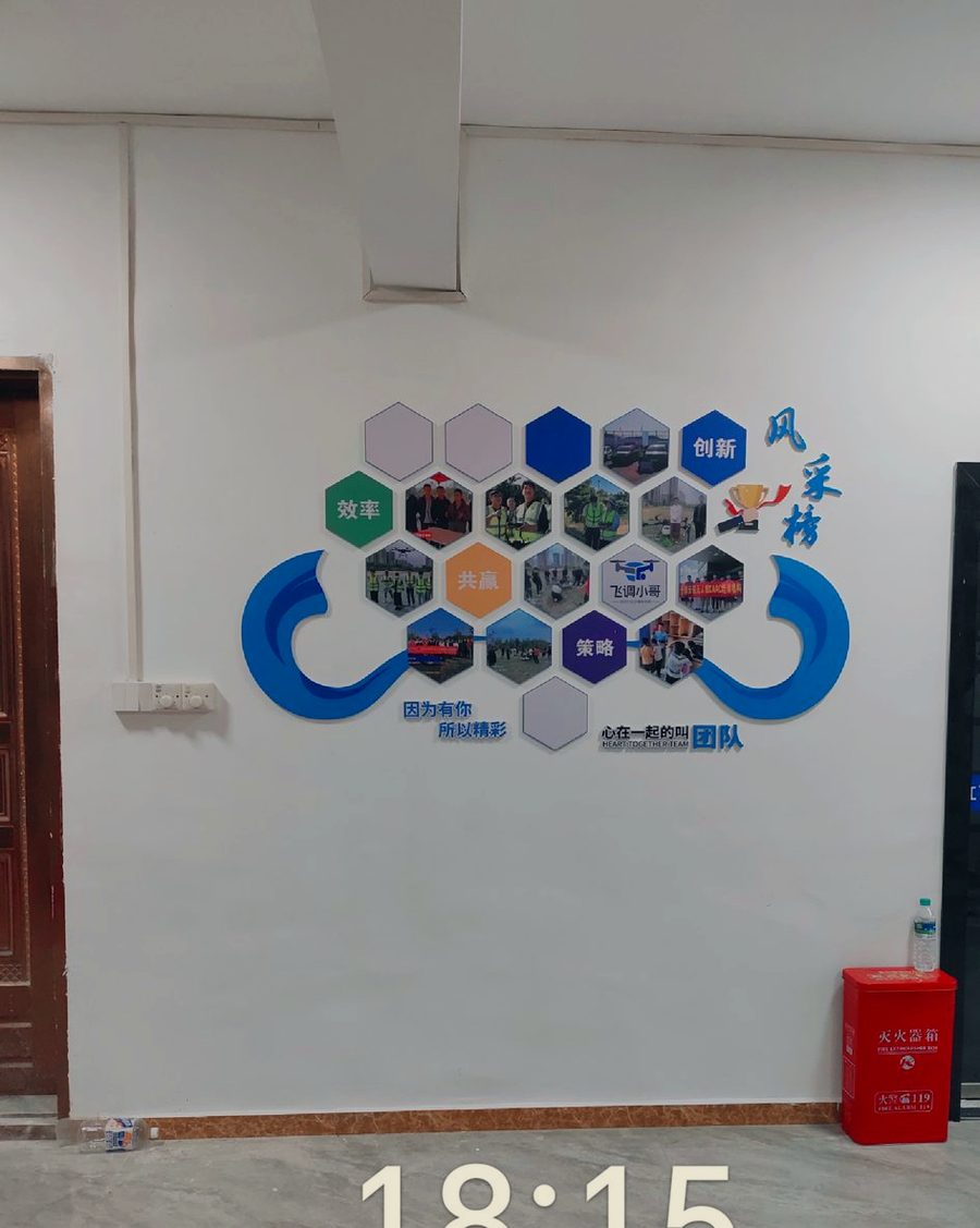 员工风采墙用蜂窝六边形亚克力板加照片插换,底下九厘板打底(现场记录)