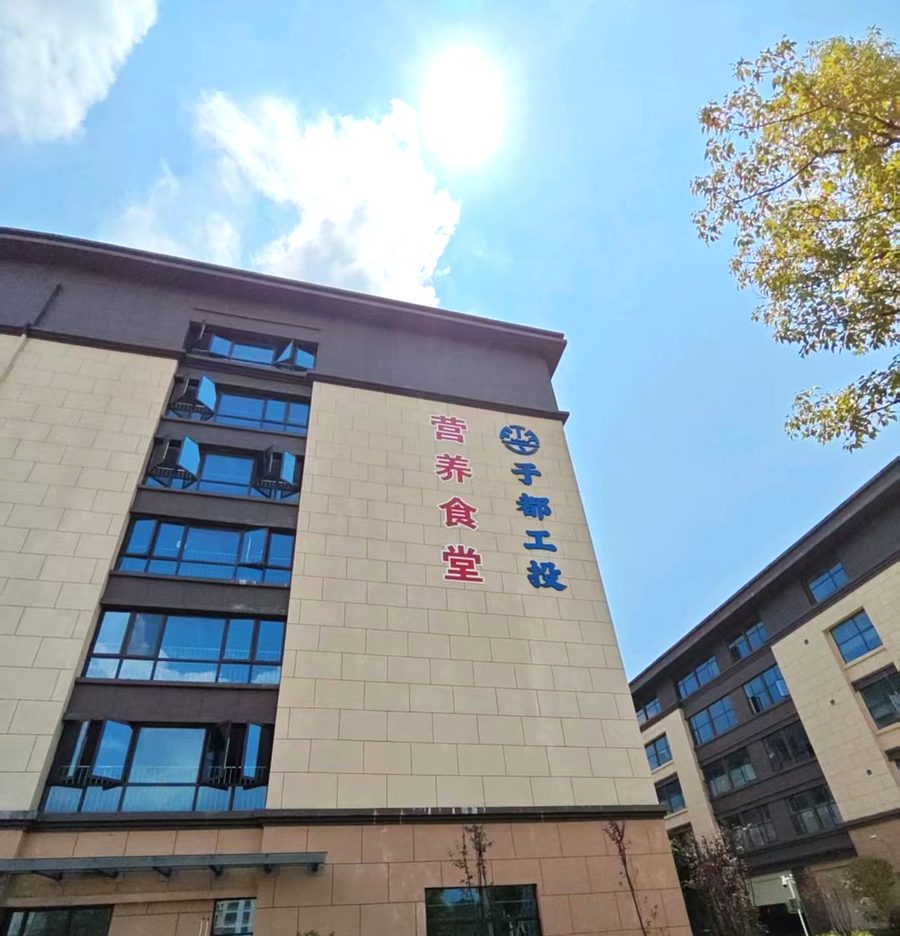 园区综合楼外墙的竖排大字，装好后的白天效果（现场记录）